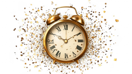 Golden Happy New Year Clock with Fireworks, 2025 Celebration, Isolated on White, PNG File, Transparent Background