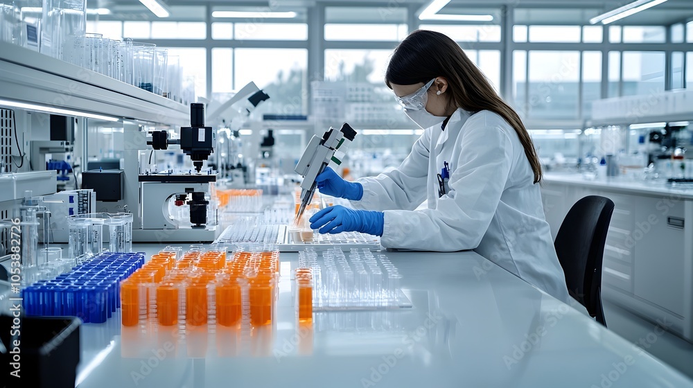 Poster biofuel scientist analyzing samples with advanced equipment and innovative research tools in a state
