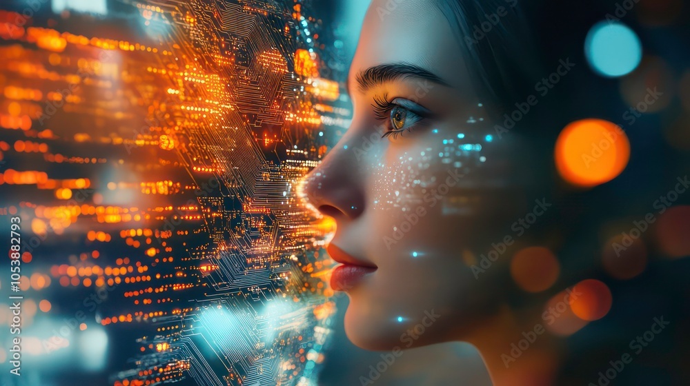 Poster a close-up of a woman's profile with digital data and lights in the background.