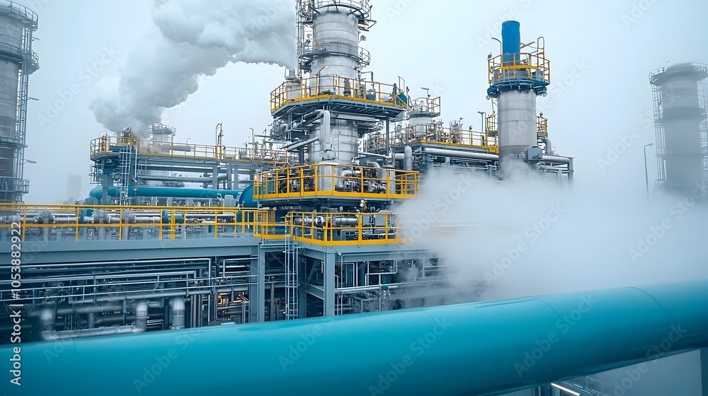 Poster Detailed view of complex refinery pipes with steam billowing highlighting the precision and technical complexity of fuel processing systems in action within an industrial manufacturing environment