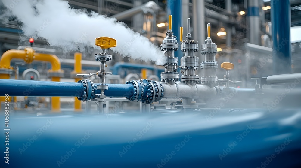 Poster Detailed view of intricate refinery pipes with billowing steam highlighting the precision and complexity of the fuel processing system in action within an industrial manufacturing plant
