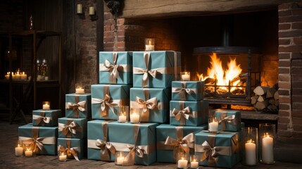 Obraz premium A cozy fireplace with glowing embers provides warmth and ambiance as a stack of beautifully wrapped gifts adorned with delicate bows and illuminated by flickering candles creates a festive scene.