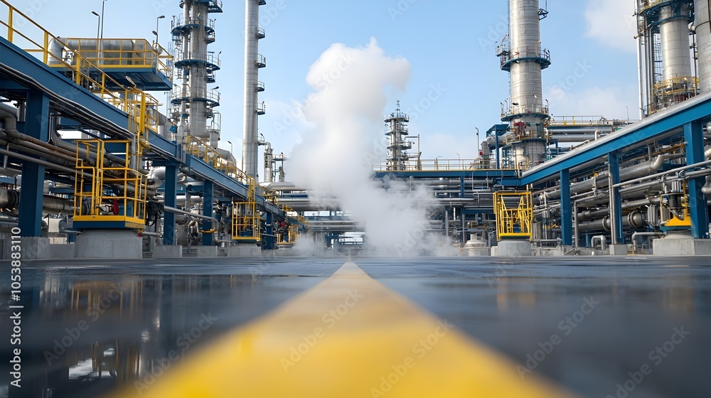 Poster close up view of active refinery pipes with rising steam highlighting the industrial power precision