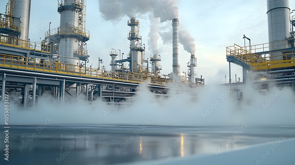 Poster close up view of refinery pipes with steam rising emphasizing the industrial power and precision inv