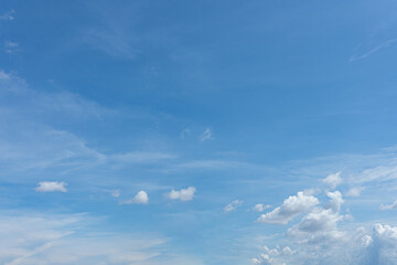 Beautiful fluffy white clouds drift across a clear blue sky