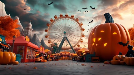 Vibrant and Lively Halloween Carnival Scene with Brightly Colored Rides Game Booths Costumed Revelers and a Giant Ferris Wheel Against a Twilight Sky