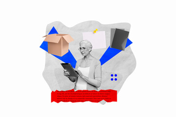 Composite photo collage of serious old woman surf tablet box shipment notepad post worker delivery service isolated on painted background