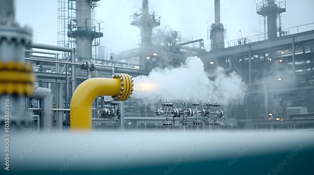 Poster detailed close up view of refinery pipes releasing steam emphasizing the energy precision and comple