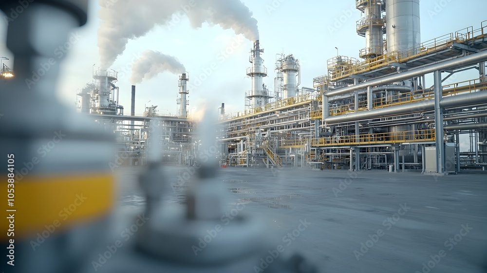 Poster close up view of active refinery pipes with steam venting showcasing the complex and intricate proce