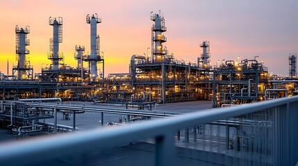 Obraz premium Illuminated industrial oil refinery plant surrounded by glowing orange and purple skies at sunset showcasing the scale and complexity of the energy production facility