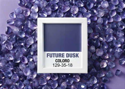 Future dusk color of the year 2025. Cristal stones background with square frame. Color concept. Coloro and WGSN trends