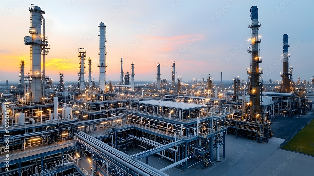 Aufkleber dramatic sunset view of an expansive oil refinery complex with glowing lights across the industrial 