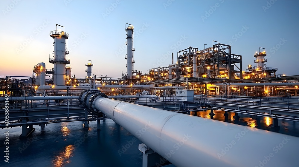 Poster massive oil refinery complex with intricate pipelines and towering structures glowing under the warm