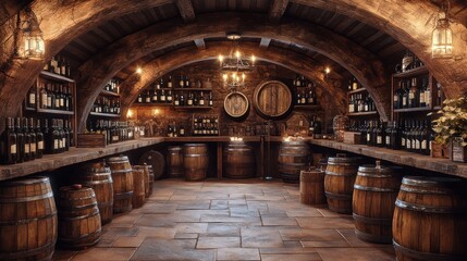 Obraz premium Rustic wine cellar with shelves of bottles and wooden barrels.