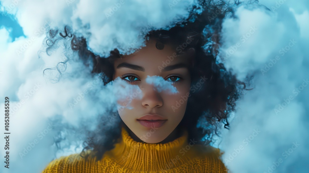 Poster a contemplative portrait of a person surrounded by soft clouds, evoking introspection.