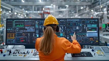 Focused worker intently monitoring the digital control panel of a fuel processing by advanced industrial machinery and technology