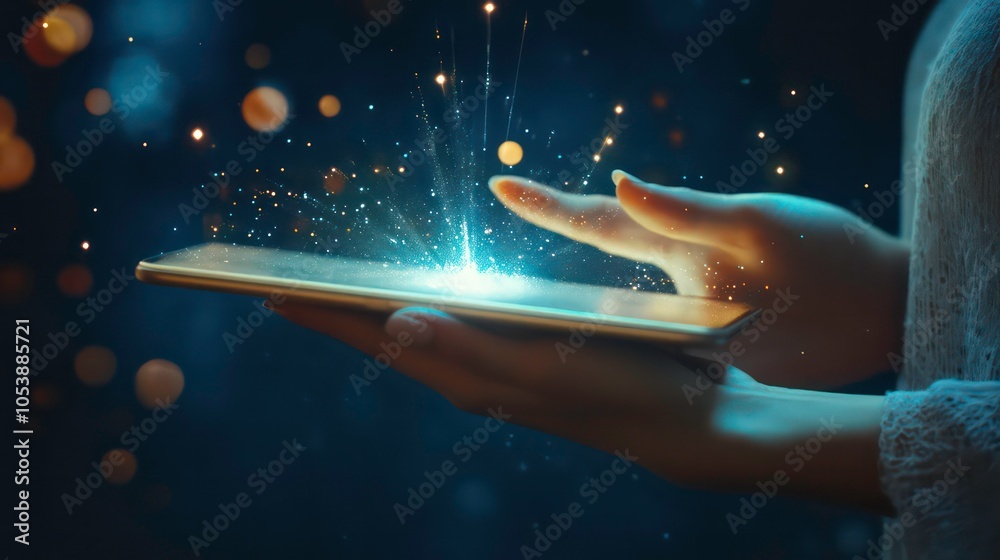 Aufkleber a hand interacts with a glowing tablet, emitting sparks and light in a mystical setting.