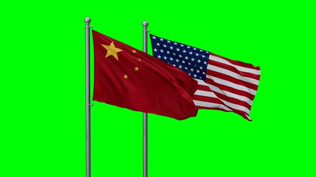 USA and China flags flying together, video concept of the relationship with colored chroma key for easy background remove, two country cooperation concept