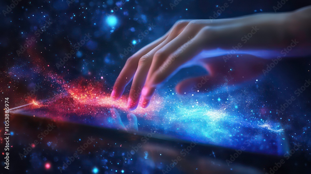 Poster a hand reaching toward a cosmic display, symbolizing exploration and connection with the universe.