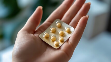 Obraz premium A hand holding a blister pack of yellow capsules, suggesting medication or supplements.