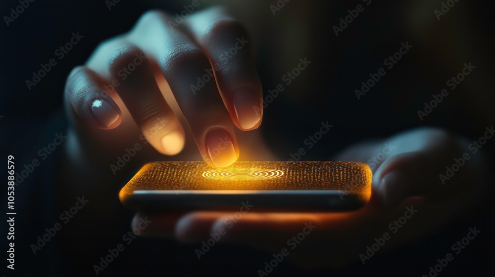 Aufkleber a woman's hand reaches out to touch a glowing circle on a smartphone screen, the circle is surrounde