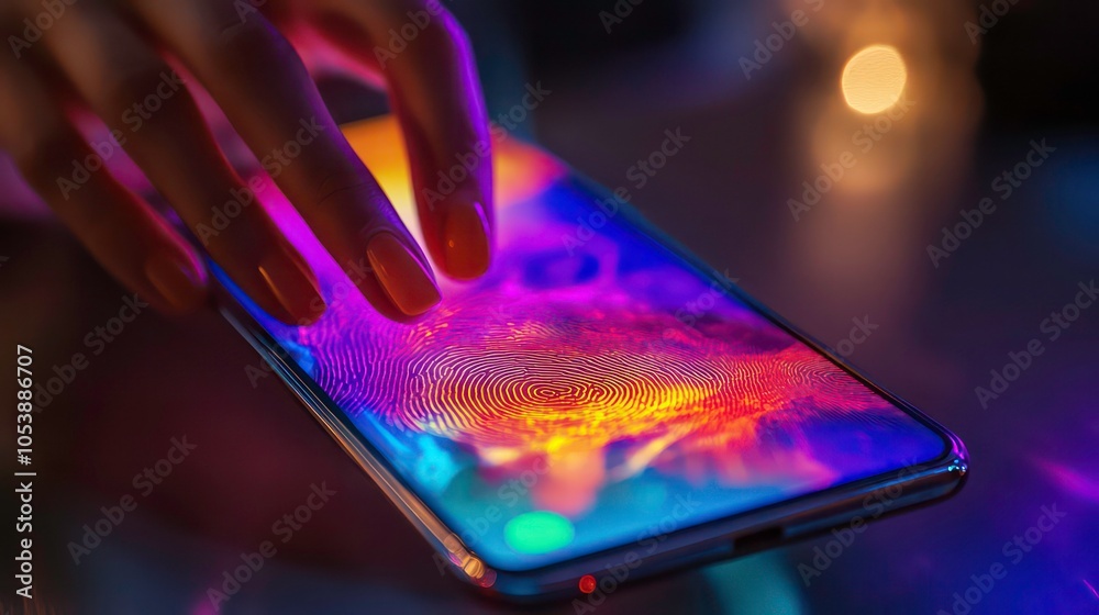 Poster A close-up of a hand interacting with a vibrant smartphone screen displaying colorful patterns.