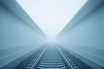 Obraz premium Foggy train tracks vanishing into the distance between concrete walls in a blue-toned setting suggesting mystery and solitude 