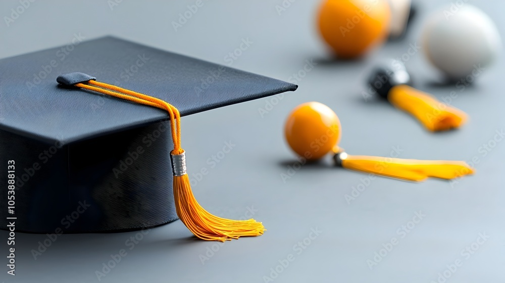 Poster Graduation cap and tassel against a clean minimalist background with ample empty space for adding text overlay  Represents academic achievement success and new beginnings