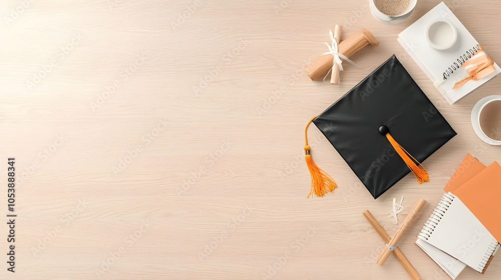 Fototapete graduation cap placed on a wooden table with empty space in the middle representing a milestone acad
