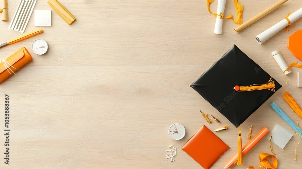 Fototapete graduation cap resting on a simple wooden table with empty space in the middle symbolic of academic 
