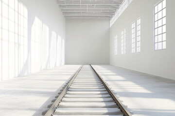 Obraz premium Railroad tracks in a large bright white industrial hall with windows casting soft light creating an atmosphere of solitude and spaciousness 