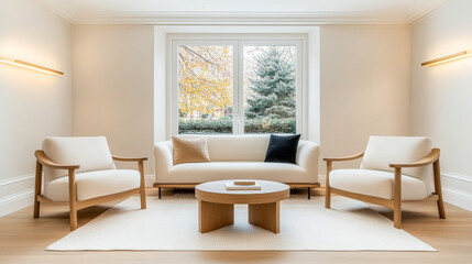 Fototapeta premium Cozy living room with modern furniture and natural light during autumn afternoon