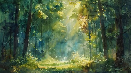 Obraz premium A serene forest scene with dappled sunlight filtering through vibrant green foliage, creating a tranquil and enchanting atmosphere.