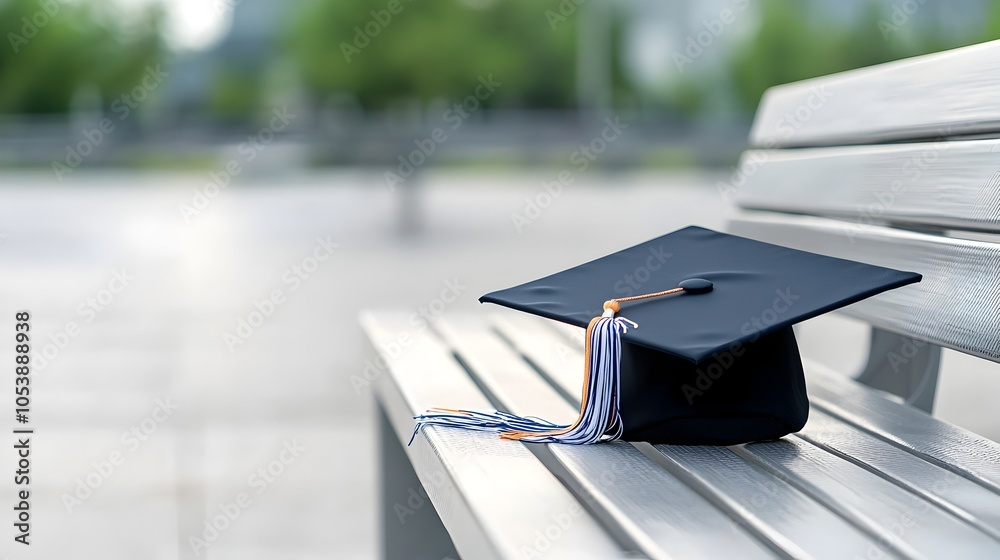 Fototapete graduation cap resting on a wooden bench with blank space to the left for text design or overlay con