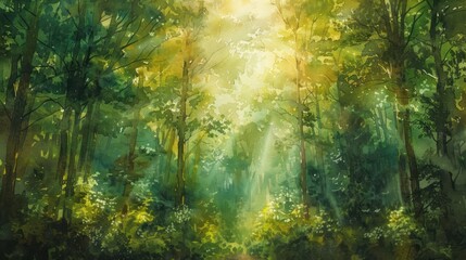 Obraz premium A serene forest scene with lush greenery, dappled sunlight filtering through the trees, creating a tranquil and magical ambiance.