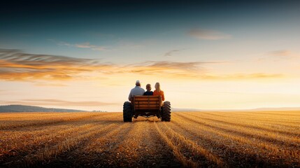 Fototapeta premium Couple enjoying sunset on tractor in a golden landscape, peaceful rural scene.