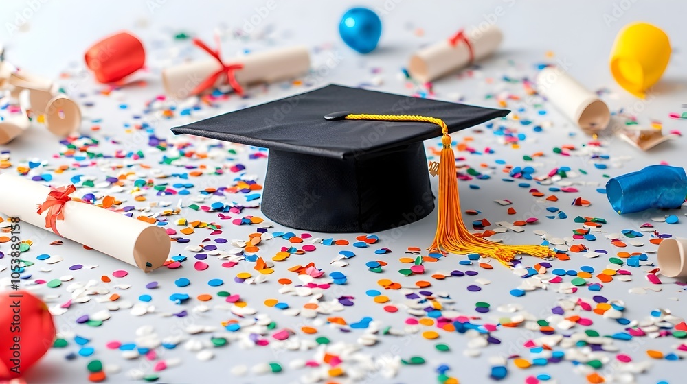 Poster A colorful and festive graduation cap with scattered confetti representing the joyful of academic achievement success and a new chapter in life