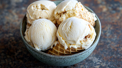 Fototapeta premium Vanilla Ice Cream Cones in a Bowl, waffle cones, dessert, sweet, treat, creamy