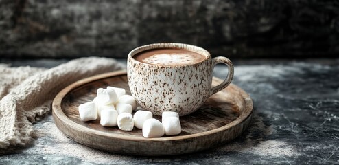 Hot chocolate and marshmallows in a white cup. aromatic cocoa with marshmallows, dark background