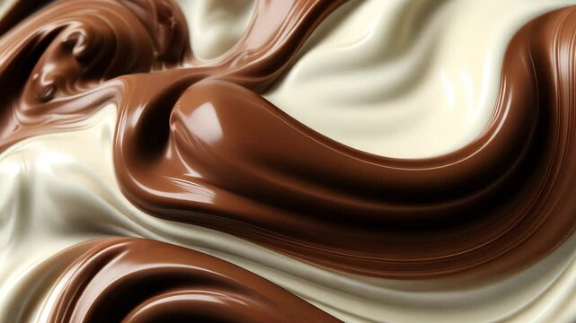 Swirling liquid chocolate blending together for a creamy delight