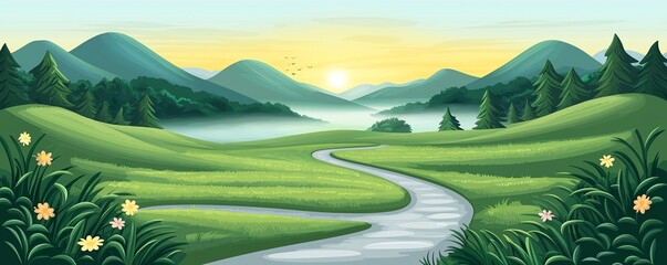 Obraz premium A serene landscape featuring rolling hills, a winding river, and blooming flowers, illuminated by a gentle sunrise.