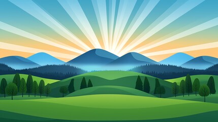 Obraz premium A serene landscape featuring rolling hills, mountains, and rays of sunlight streaming across a colorful sky at dawn.