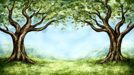 Obraz premium Watercolor Painting of Two Trees in a Meadow, green, grass, branches, leaves, sky