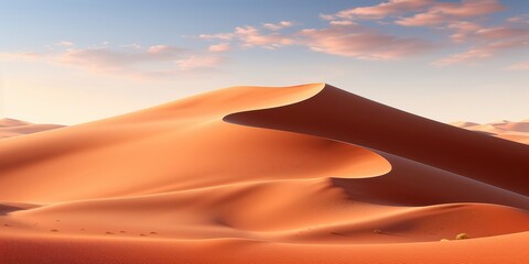 A dramatic desert landscape with undulating sand dunes under a bright sky with wispy clouds