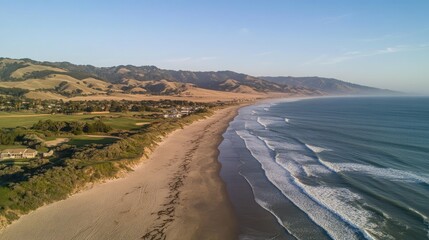 Scenic Aerial View of Serene Beach and Coastal Landscape