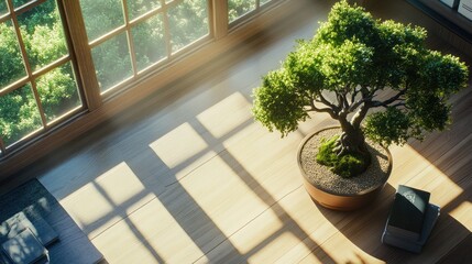 Fototapeta premium Serene Indoor Bonsai Tree in Sunlit Room