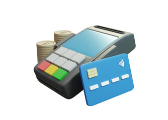 Fototapeta premium 3D rendered illustration of a payment terminal with stacked credit cards and coins. which is a symbol of digital transactions Contactless payments and modern banking