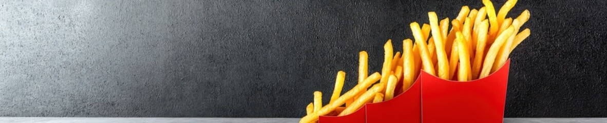 Enjoy a mouth-watering view of crispy French fries served in red containers against a dark background, perfect for fast food lovers.