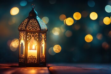 Obraz premium Ornate lantern with glowing candle and bokeh background. Cozy lighting concept.