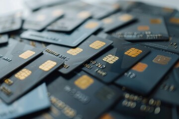 Close-up of various credit cards with EMV chips in a pile